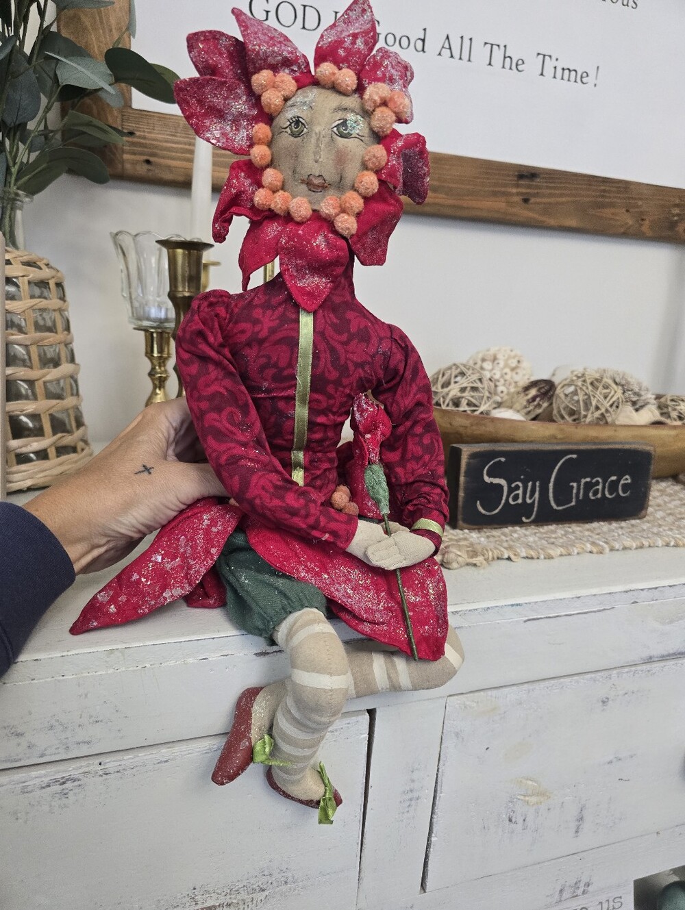 Joe Spencer Poinsetta Sprite Poseable Doll Christmas Folk Art Whimsical